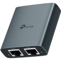 Black TP-Link EH210 network splitter with two Ethernet ports and curved edges.
