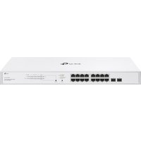 White TP-Link Festa FS318GP Ethernet switch with 16 ports, LED indicators, and TP-Link logo on top.