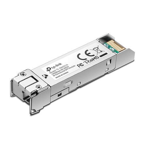 Silver metal TP-Link Gigabit 1000Base-BX Bi-Directional SFP module with visible labeling, featuring a connector on one end and a small circuit board on the other.