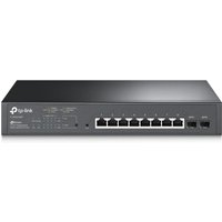 Black TP-Link JetStream 10-Port Gigabit Smart PoE Switch with 8-Port PoE+, LED indicators, and metal casing.