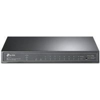 Black TP-Link JetStream 10-Port Gigabit Smart Switch with 8-Port PoE+, sleek design, LED indicators on front panel.