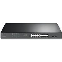 Black TP-Link JetStream 16-Port Gigabit switch with PoE/PoE+ ports, LED indicators, and a sleek rectangular design.