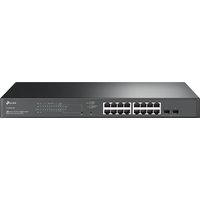 TP-Link JetStream 18-Port Gigabit Smart Switch, black with 16 PoE+ ports and 2 SFP slots, sleek rectangular design.