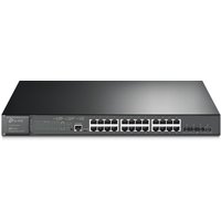 Black TP-Link JetStream 24-Port Gigabit Managed Switch with front-facing ports and sleek metal design
