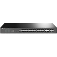 Black TP-Link 24-Port SFP L2+ Managed Switch with 4 10GE SFP+ slots, rectangular design, LED indicators.