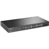 Black TP-Link JetStream 28-Port Gigabit Smart PoE Switch with 24 PoE+ ports and LED indicators on the front panel.
