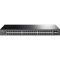 Black TP-Link JetStream switch with 48 Gigabit ports and 4 10GE SFP+ slots, sleek rectangular design.