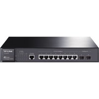 Black TP-Link JetStream 8-Port Gigabit switch with 2 SFP slots, sleek design, front-facing ports and LED indicators.
