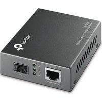 Black TP-Link media converter with Ethernet and fiber optic ports, LED indicators, and TP-Link logo on top.
