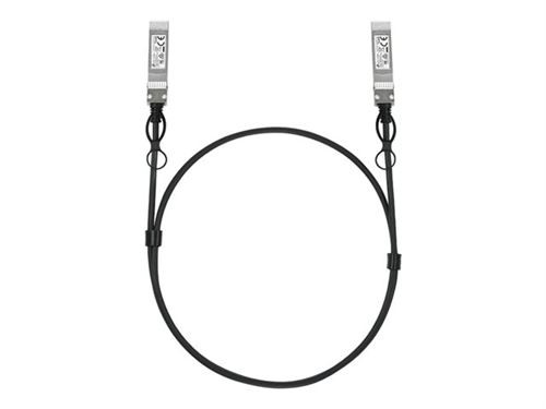 Black 1-meter SFP28 direct attach cable with metal connectors on both ends, featuring a flexible design and secure locking mechanism for high-speed data transmission.
