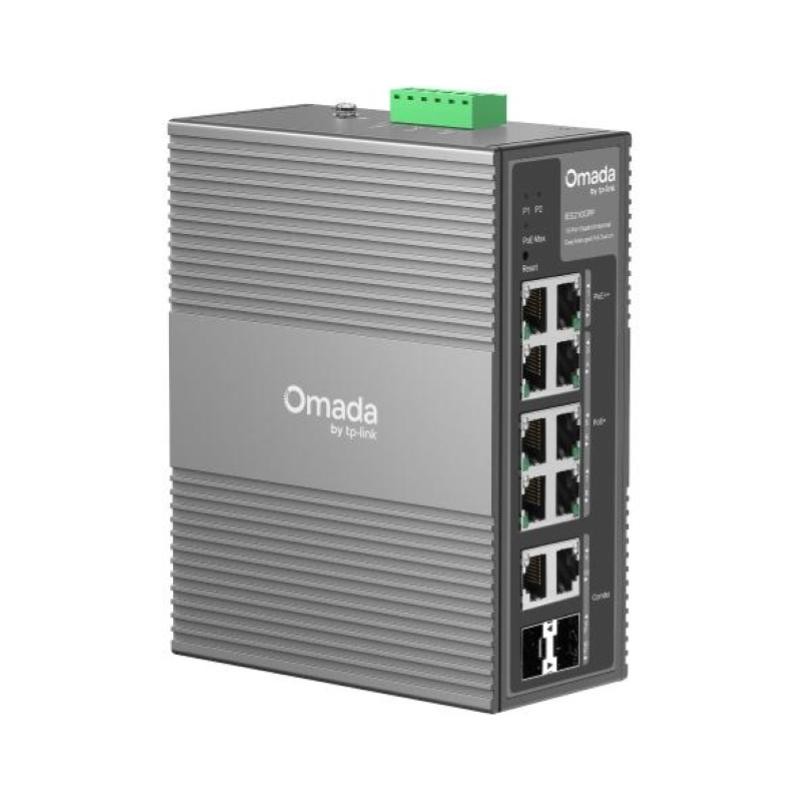 TP-Link Omada 10-port gigabit industrial switch in gray metal housing, featuring six PoE ports, multiple Ethernet ports, and a green terminal block for power input.