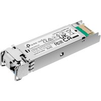 Silver TP-Link Omada SFP module with black text, green circuit board, and metallic connectors.