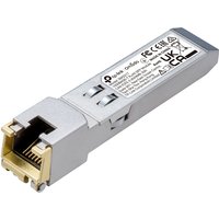 Silver TP-Link Omada SFP module with RJ45 connector, labeled top, and metallic finish.