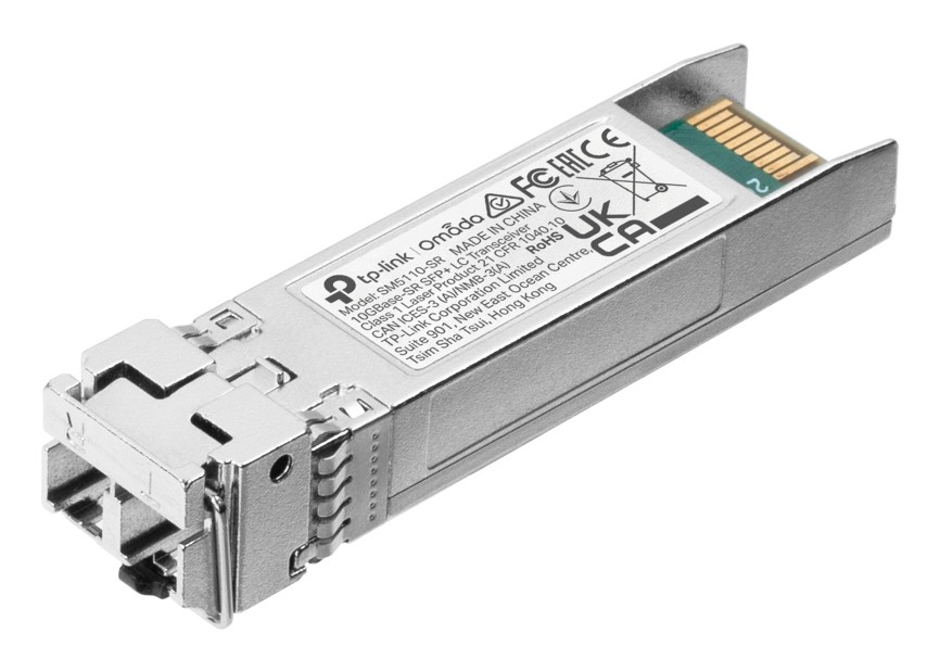 TP-Link Omada 10Gbase-SR SFP+ LC transceiver in silver metal casing, featuring an 850nm multi-mode design with a connector at one end and detailed specifications on the side.