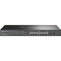 TP-Link Omada 16-Port 2.5G switch, black, with 2 SFP+ ports, LED indicators, and sleek metal casing.