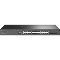 TP-Link Omada 24-Port Gigabit switch, black, with 4 SFP+ ports and LED indicators on front panel.