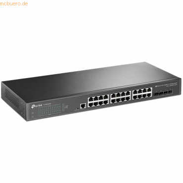Black metal TP-Link TL-SG3428X JetStream 24-port gigabit switch with LED indicators, multiple Ethernet ports, and a compact design suitable for network management.