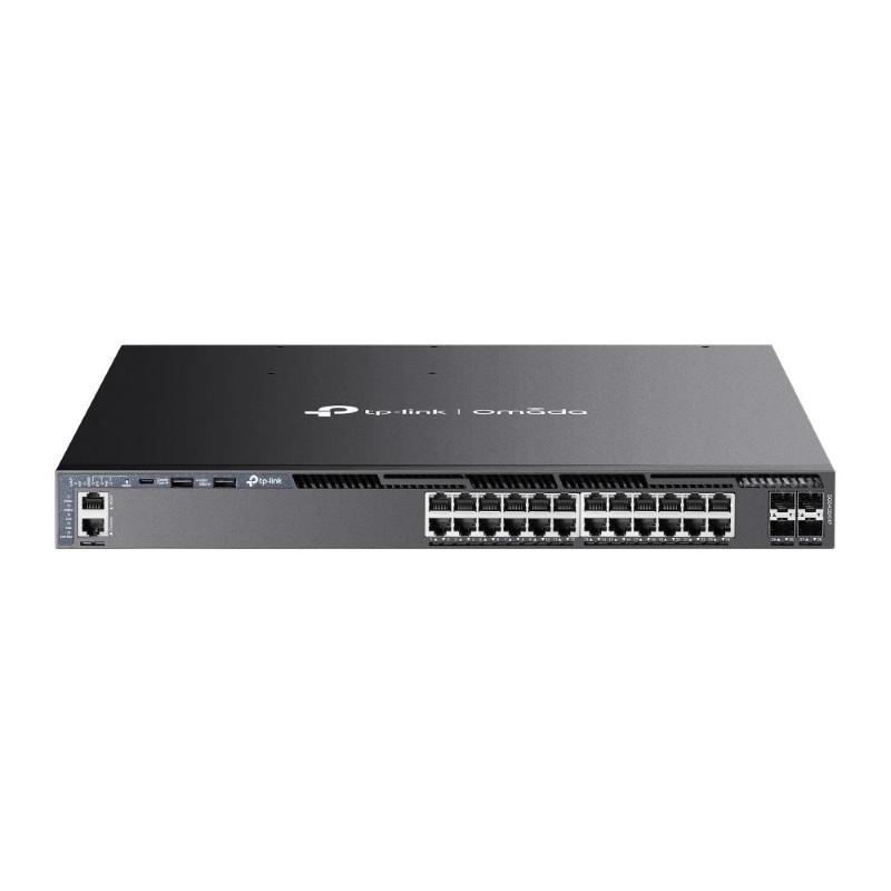 Black metal TP-Link Omada 24-Port Gigabit Stackable L3 Managed PoE+ Switch featuring 24 Ethernet ports, a console port, and LED indicators on the front panel.