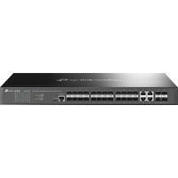 TP-Link Omada 24-Port black switch with 4 silver 10GE SFP+ slots and LED indicators on front panel