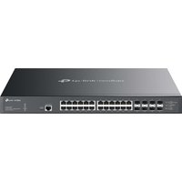 Black TP-Link Omada 32-Port 10GE L2+ Managed Switch with 24 PoE++ ports and sleek, rectangular design.