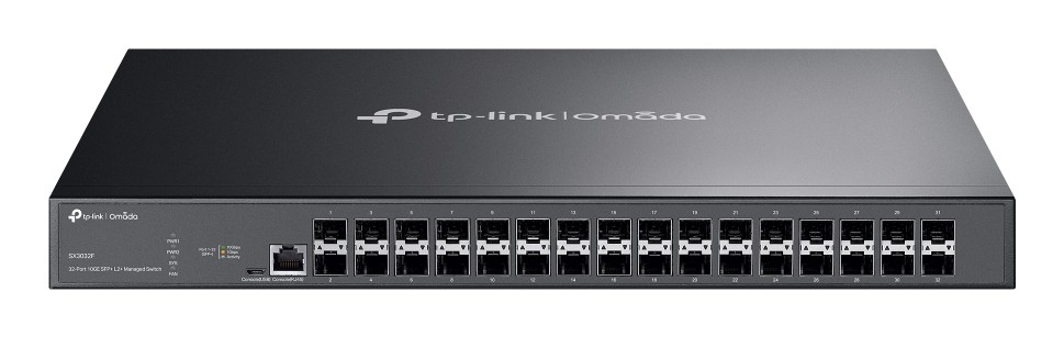 Black metal TP-Link Omada 32-Port 10GE SFP+ L2+ Managed Switch featuring 32 SFP+ ports, LED indicators, and a sleek, modern design for efficient network management.