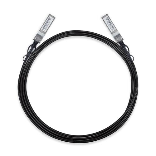 Black 3-meter direct attach SFP+ cable with metal connectors on both ends, designed for 10 Gigabit connections, featuring a flexible, durable construction.