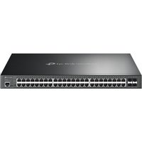 Black TP-Link Omada switch with 48 Gigabit ports, 4 SFP+ ports, and PoE+ capability, sleek rectangular design.