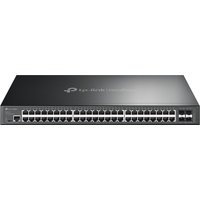 Black TP-Link 48-port gigabit switch with four 10GE SFP+ slots and LED indicators on the front panel.