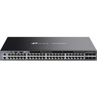 Black TP-Link Omada 48-port gigabit switch with six 10G SFP+ ports and stackable L3 managed design.