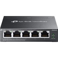 Black TP-Link Omada 5-Port Gigabit Switch, 4 PoE+ ports, compact metal design, white port labels.