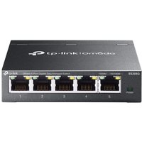 Black TP-Link Omada 5-Port Gigabit Switch with LED indicators and numbered Ethernet ports on the front panel.