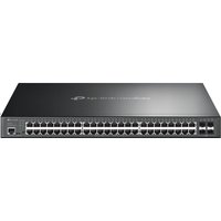 Black TP-Link Omada 52-Port Gigabit switch with 48 PoE+ ports and four SFP slots, sleek rectangular design.