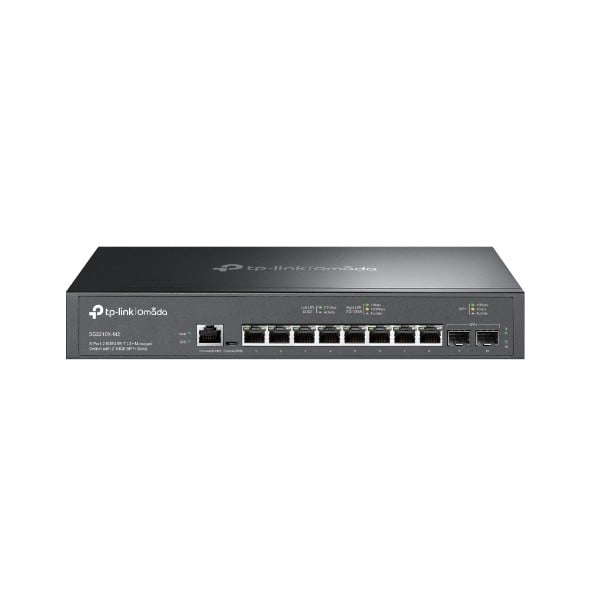 Black metal 8-port managed switch with 2.5G Ethernet ports, featuring LED indicators and a sleek, minimalist design, ideal for network management.