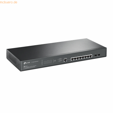 Black metal TP-Link Omada managed switch featuring 8 2.5GBASE-T ports and 2 10GE SFP+ ports, with a sleek, flat design and LED indicators on the front panel.