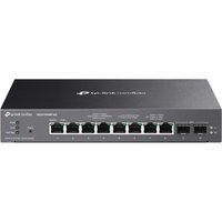 Black TP-Link Omada smart switch with 8 Ethernet ports and 2 SFP+ ports, compact rectangular design.