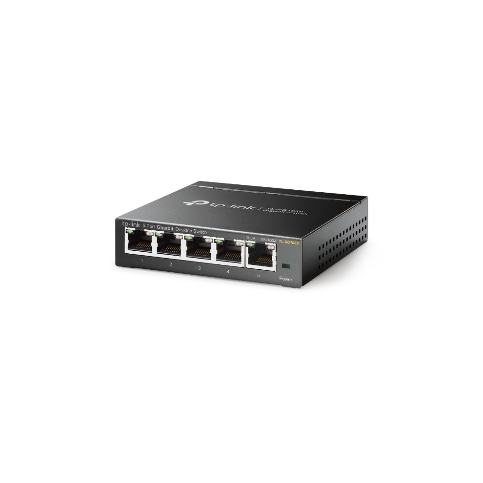 TP-Link Omada 8-Port Gigabit Desktop Switch in black metal casing, featuring eight Ethernet ports and a sleek, compact design for efficient network connectivity.