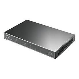 TP-Link TL SG2008P JetStream 8 Port Gigabit Smart Switch in a sleek black metal casing, featuring eight Ethernet ports and LED indicators on the front panel.