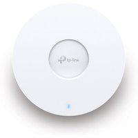 White TP-Link Omada AX3000 WiFi 6 access point, circular design, ceiling mount, with central logo and LED indicator.