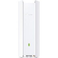 White TP-Link Omada AX3000 WiFi 6 Access Point with vertical design and green LED indicator.
