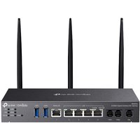 Black TP-Link Omada AX3000 router with three antennas, multiple Ethernet ports, and LED indicators.