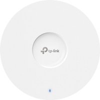White circular TP-Link Omada AX6000 ceiling mount WiFi 6 access point with central logo and small LED indicator.