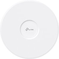 White TP-Link Omada BE9300 ceiling mount tri-band Wi-Fi 7 access point with circular design and central logo.