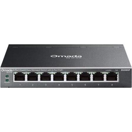 TP-Link Omada ES210GP managed L2 gigabit Ethernet switch featuring a sleek black metal casing with eight RJ45 ports and labeled LED indicators for network status.