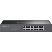 TP-Link Omada ES216G network switch, black, 16 Gigabit Ethernet ports, LED indicators, compact rectangular design