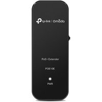 Black TP-Link Omada PoE+ Extender with rounded edges, logo, and LED indicators on front.