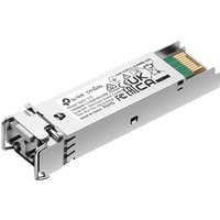 Silver TP-Link Omada Gigabit SFP Module, single-mode MiniGBIC with LC interface and green circuit connectors.