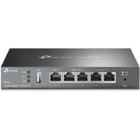Black TP-Link Omada Gigabit VPN Router with five Ethernet ports and LED indicators on front panel.
