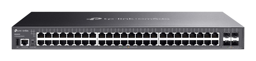 TP-Link Omada SG5452X managed L3 gigabit Ethernet switch in a sleek black metal casing with 48 Ethernet ports and 4 SFP+ slots for high-speed connectivity.
