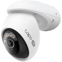 White TP-Link outdoor pan/tilt security camera with black lens, LED lights, and "tapo 4K" branding.