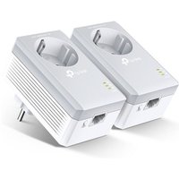 White TP-Link Powerline adapters with passthrough sockets, Ethernet port, and LED indicators, set of two.